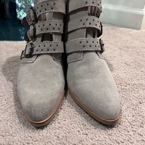 Crevo Gray Suede Pointed Triple-Buckle Ankle Boots